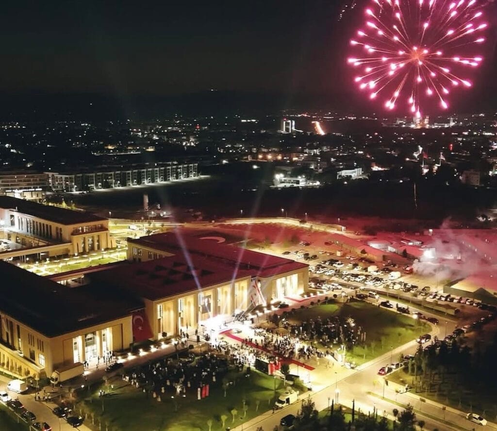 Fireworks over the Republican Assembly building in North Cyprus during the 51st anniversary of the Peace Operation, symbolizing the unity and determination of the Turkish Cypriot people.
